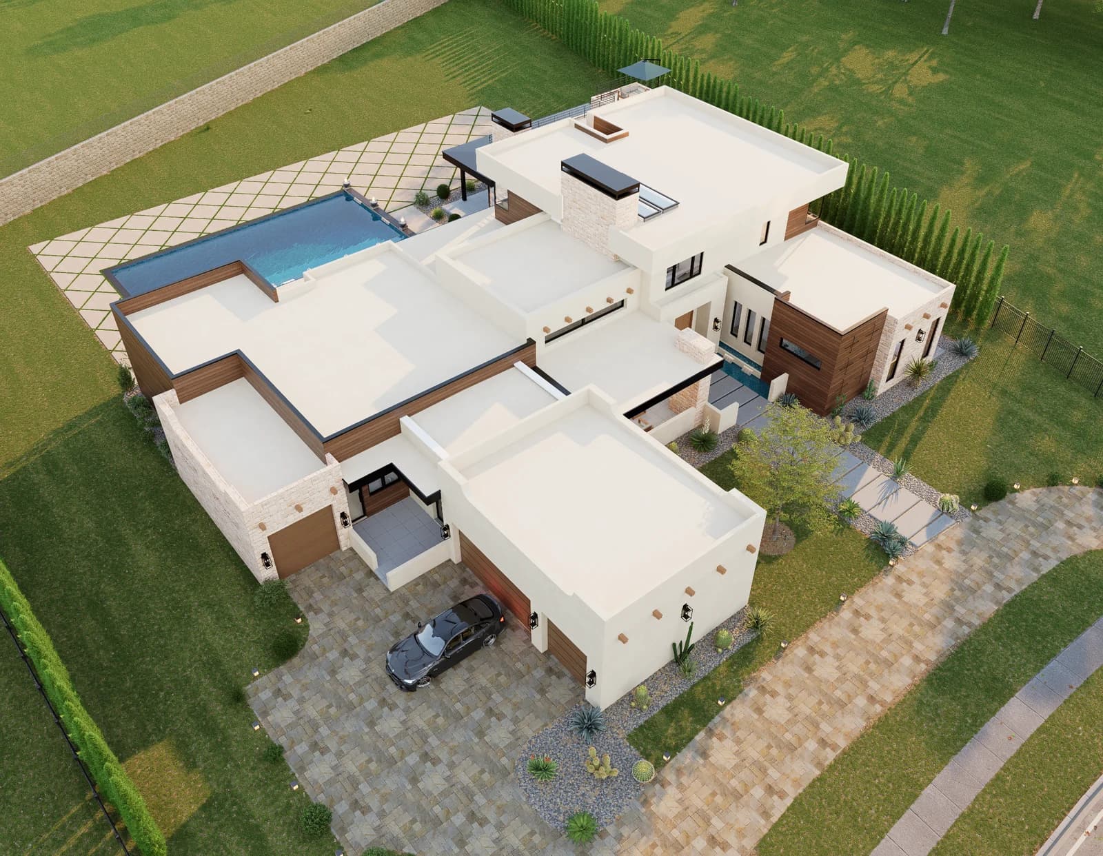 Aerial architectural rendering of the home, driveway, terraces, swimming pool, and grounds