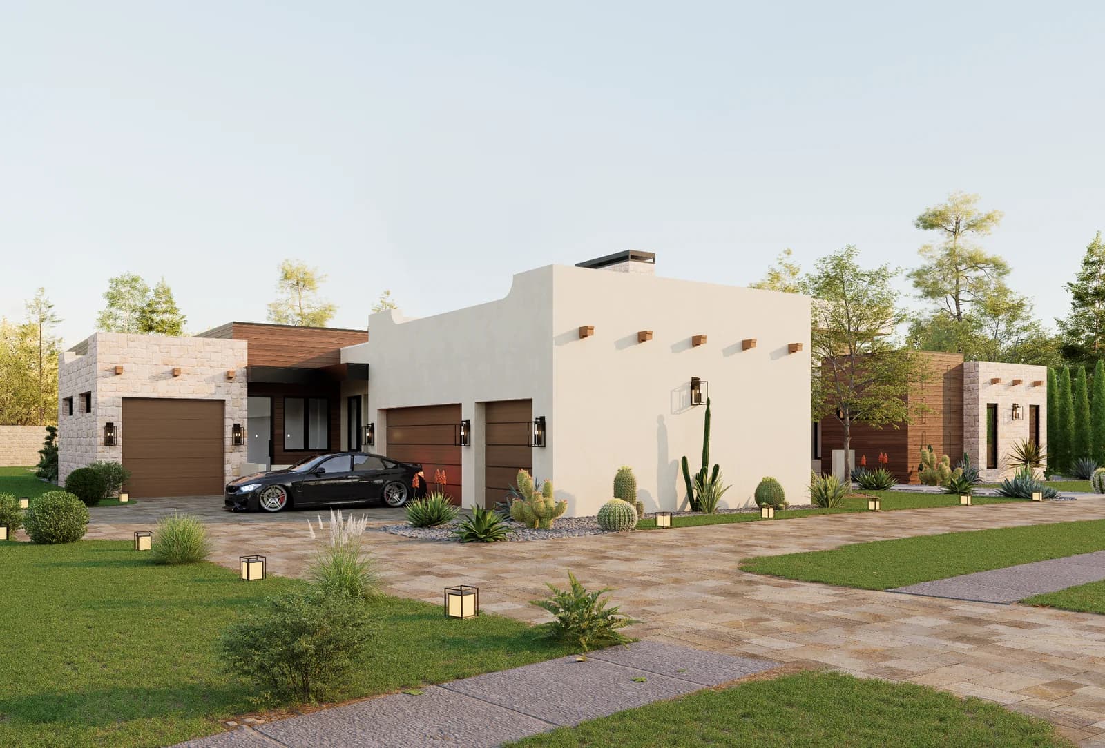 Architectural rendering of the landscaped driveway and garage approach