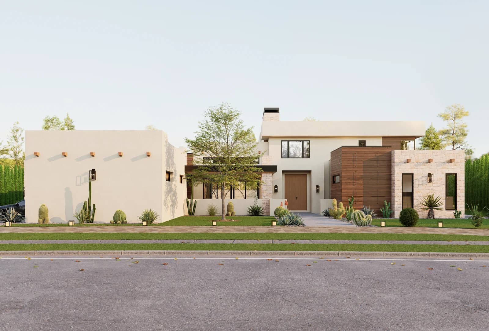 Architectural rendering of the home's front elevation, with stone, wood, and white exterior finishes