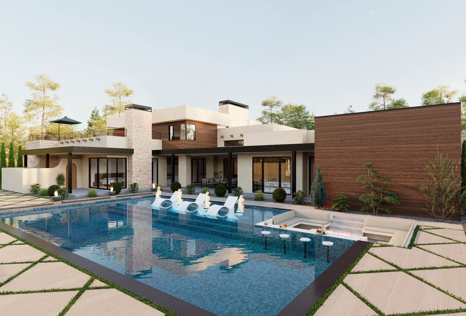 Architectural rendering of the swimming pool, in-water loungers, and covered outdoor living area