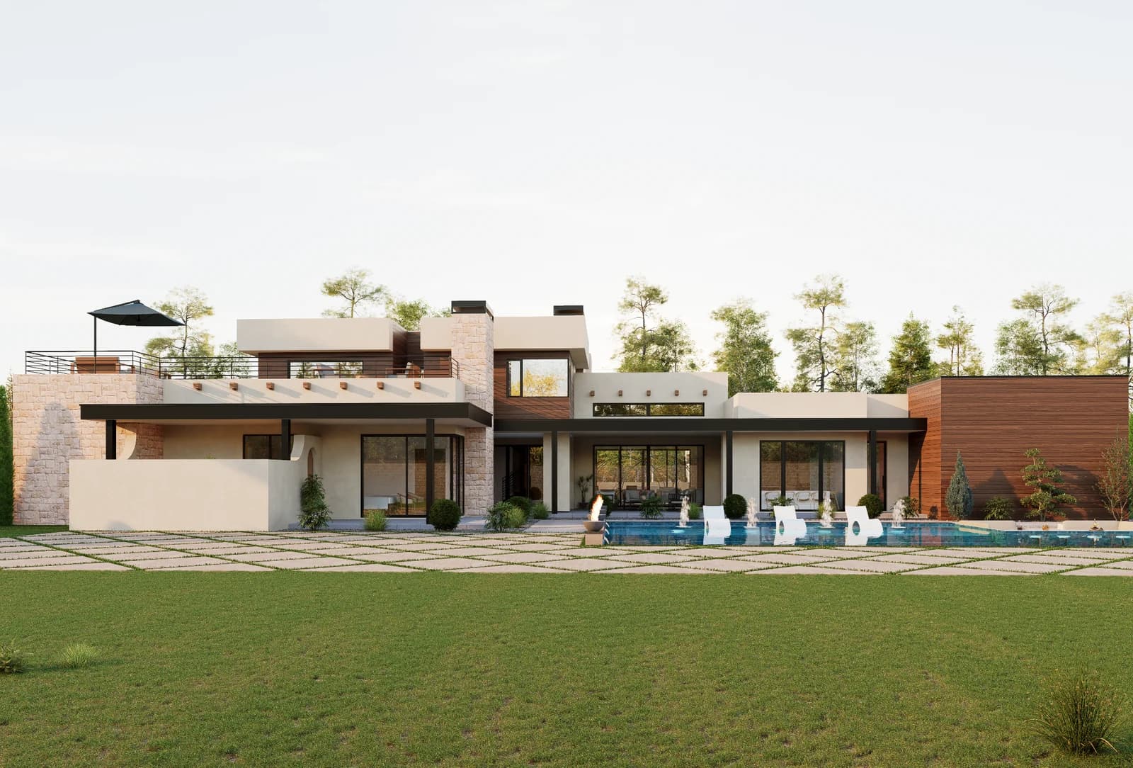Architectural rendering of the rear elevation, lawn, pool, and rooftop terrace