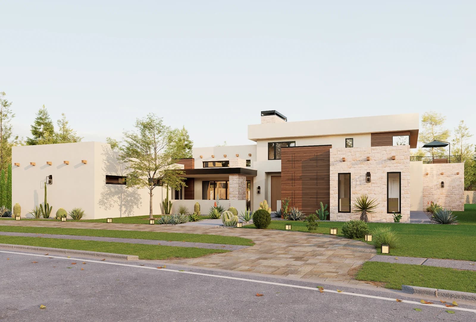 Architectural rendering of the home viewed from the street, showing its contemporary facade and landscaping