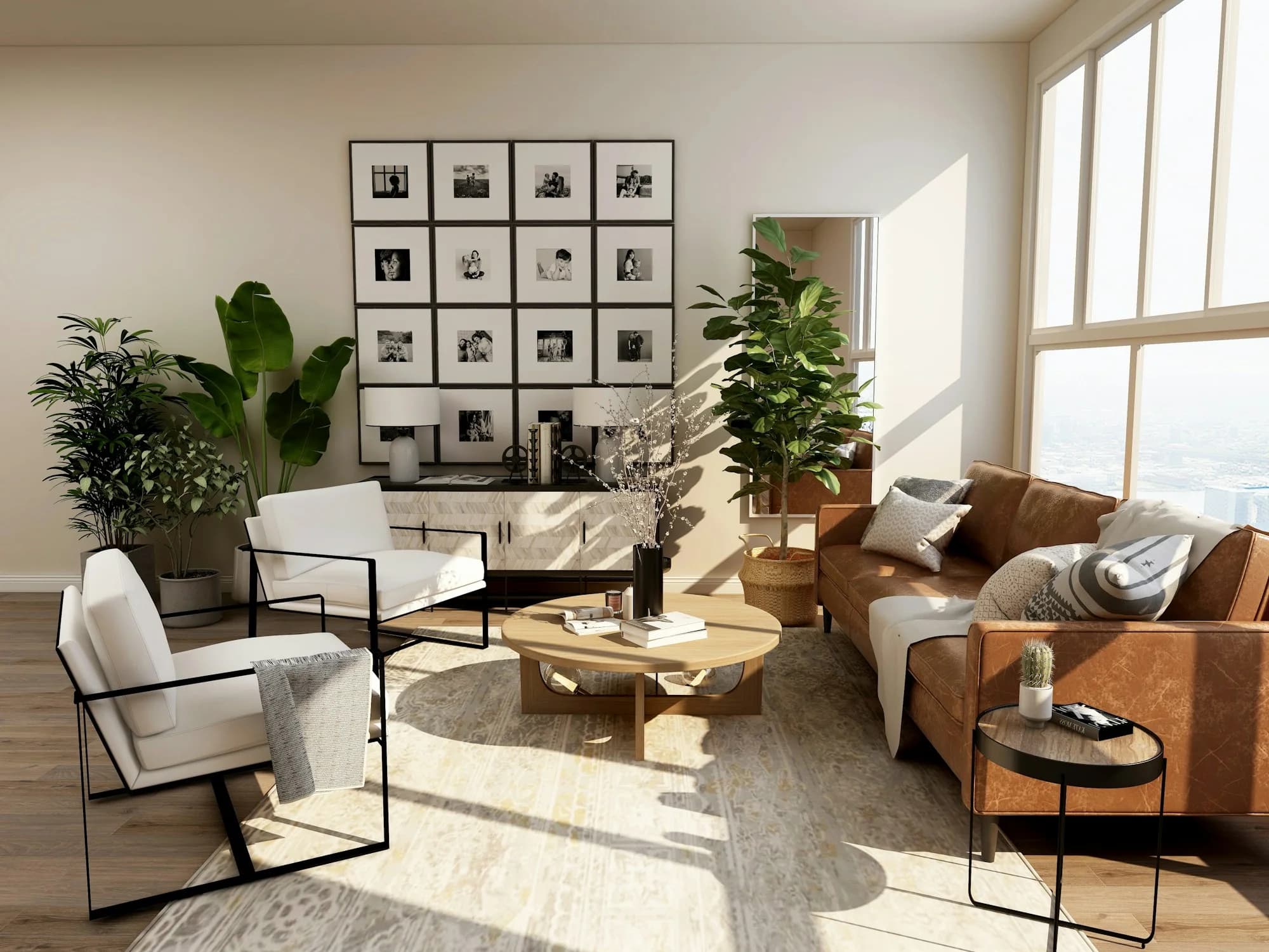 Bright living room with wood furnishings and large windows